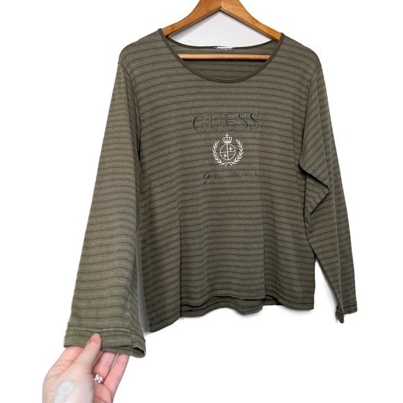 GUESS Jeans Womens Striped Long Sleeve Top Green Embroidered Logo Crew Neck - Picture 6 of 16